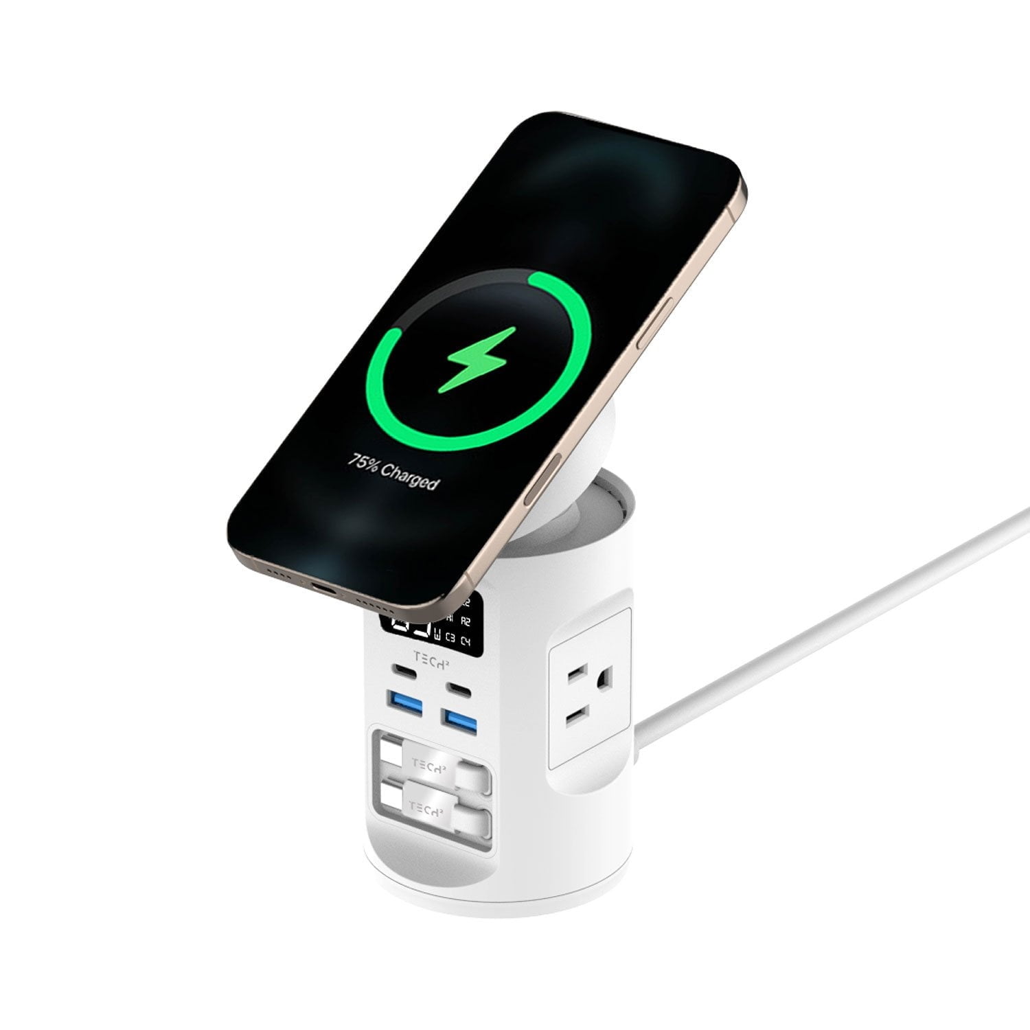 Tech Squared Power Tower with Qi2 Wireless Charging and Retractable Cords