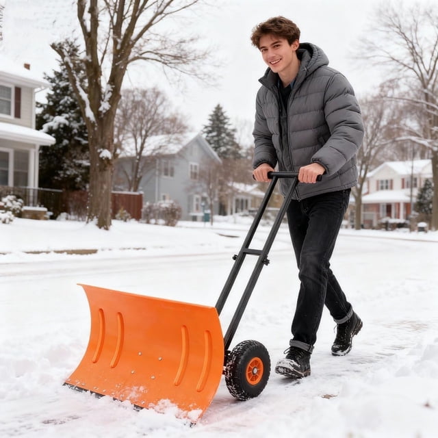 Garvee Pelle Pousse-Neige avec Roues, Acier Robuste de 29 Pouces avec Lame Inclinée à 5 Positions et Poignée Ajustable, Déneigement Efficace pour Entrée, Trottoir, Orange