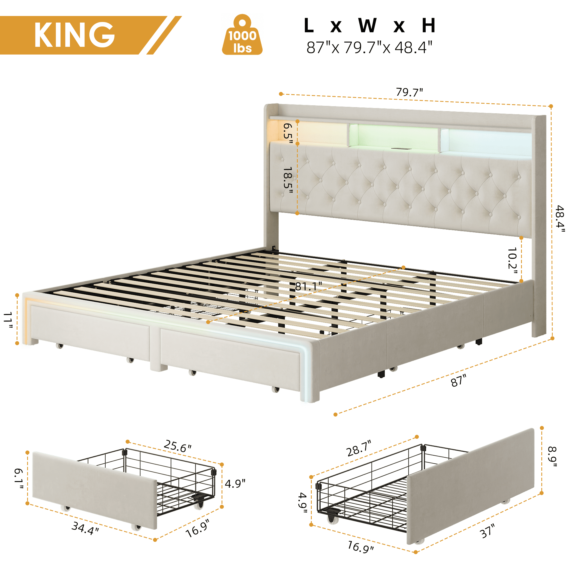 Gewnee King Size Velvet Upholstered Headboard - 2 Large Storage Drawers, Built-in Charging Station, for Bedroom