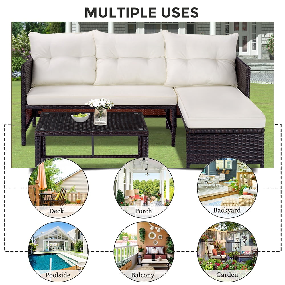 3 Piece Patio Furniture Set, All-Weather Outdoor Sectional Sofa Set, PE Rattan Conversation Set with Table & Cushions, Wicker Furniture Couch Set for Patio Deck Garden Poolside Yard