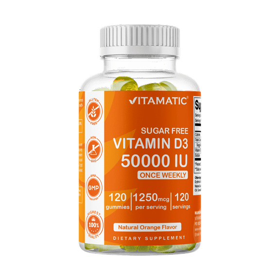 Vitamatic Sugar Free Vitamin D3 50,000 IU Weekly Supplement - 120 Pectin Based Gummies - Vitamin D Capsules for Bones, Teeth, and Immune Support