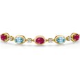 thumbnail image 3 of Gem Stone King 18K Yellow Gold Plated Silver Red Ruby and Blue Zircon Bracelet for Women | 5.50 Cttw | Gemstone July Birthstone | Oval 7X5MM | Fully Adjustable 9 inch, 3 of 6