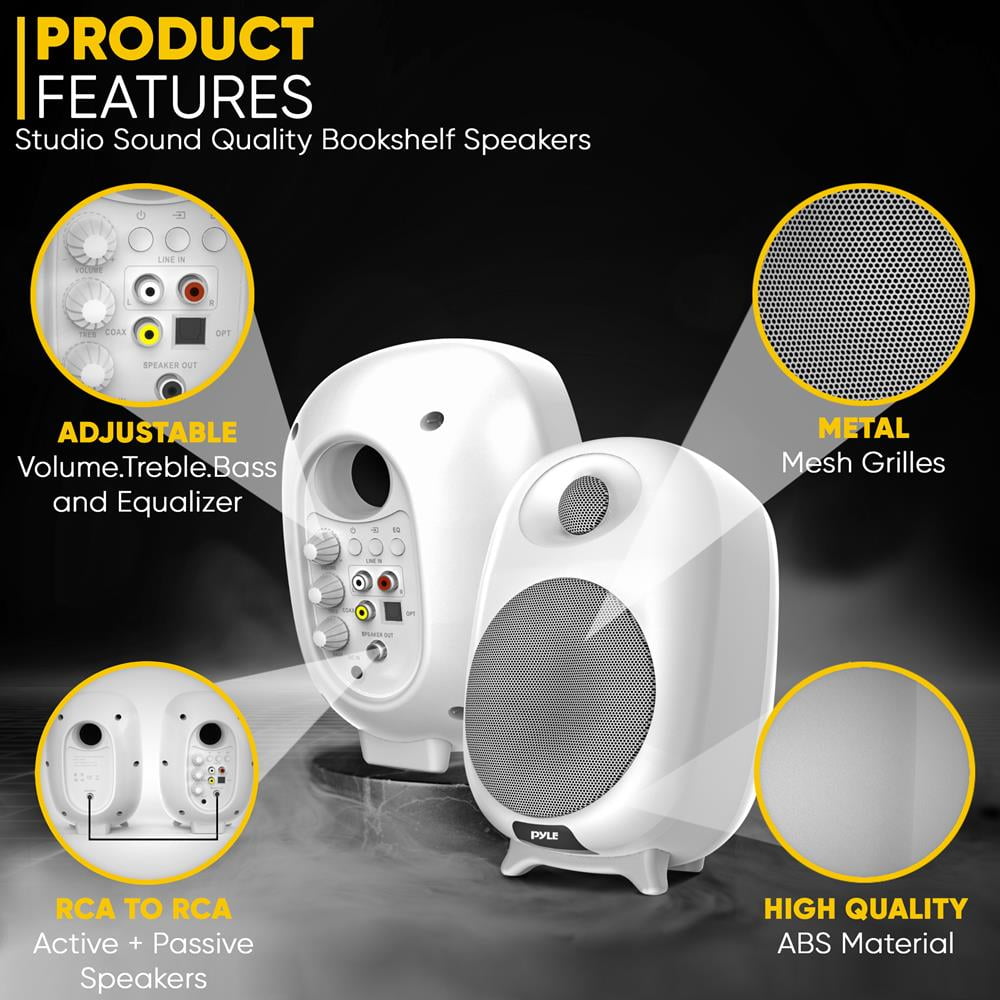 Pyle HiFi 60W Powered Bluetooth Bookshelf Monitor Speaker Set, Optical RCA in, Bass/Treble Adjustable, Deep Bass, 3 Audio Mode, Studio Computer Desk Stereo System, Remote Control, White - PBKSR40WT