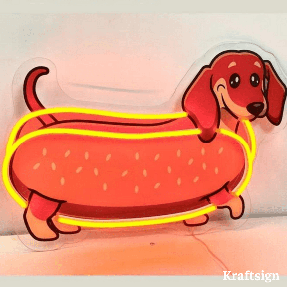 Craftnamesign Dachshund Hot Dog Neon Acrylic Print Sign, Fast Food Store Decor, Dachshund Dog Sign