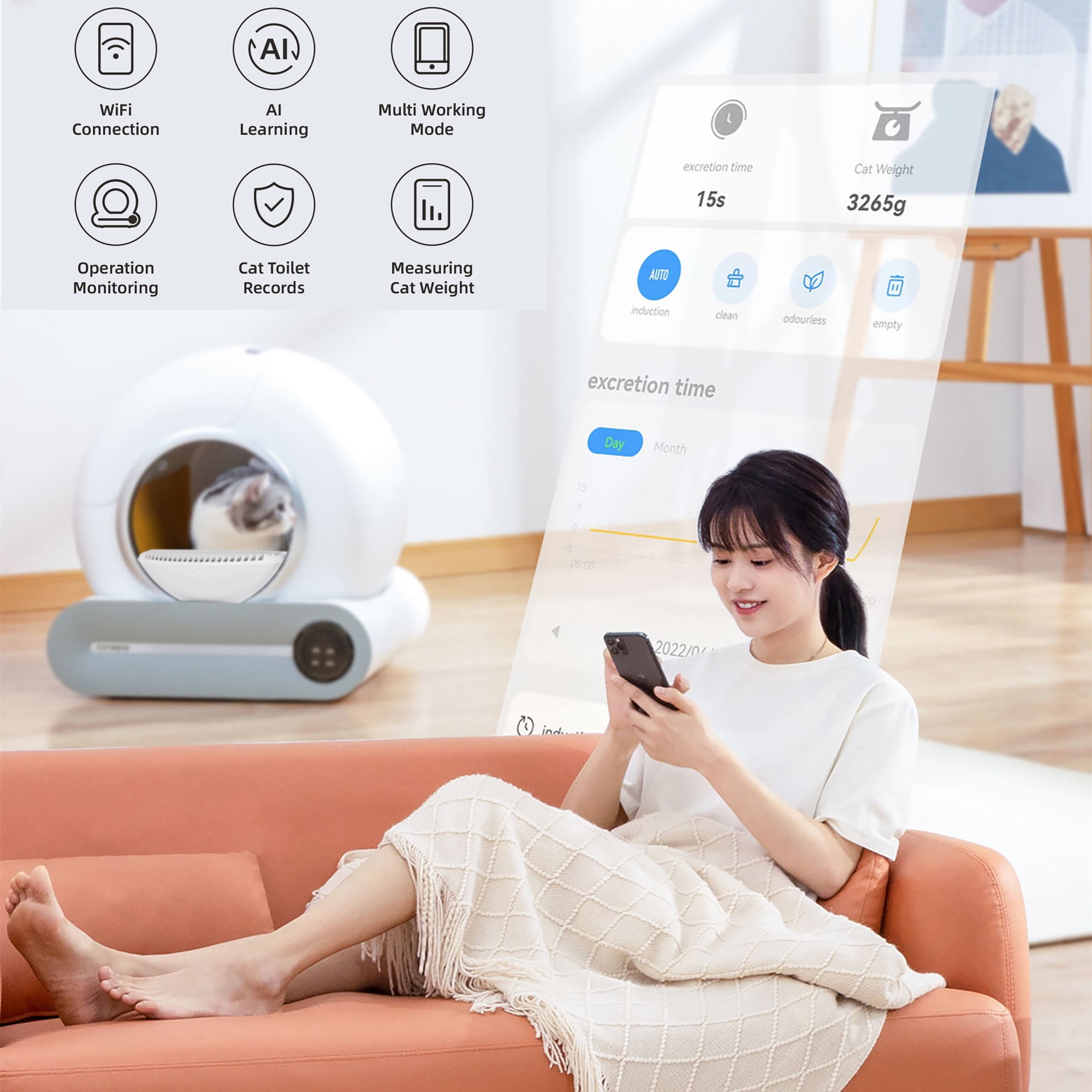 TAKOYI Automatic Cat Litter Box, Self Cleaning Scooping and Odor Removal, App Control Support WiFi, Intelligent Radar Smart Auto Litter Box with Liner