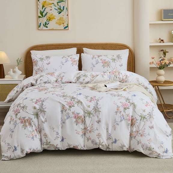 100% Cotton Duvet Cover – Elegant French Romantic Floral Duvet Cover Set with Zipper Closure, 3-Piece Soft Breathable Durable Percale Cotton Bedding Set for All Seasons