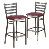 Flash Furniture 2 Pk. HERCULES Series Silver Antique Finish with Clear Coat Ladder Back Metal Restaurant Barstool - Burgundy Vinyl Seat