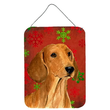 Dachshund Red and Green Snowflakes Holiday Christmas Wall or Door Hanging Prints