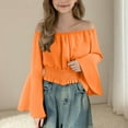 thumbnail image 3 of Ohufall Kids Off The Shoulder Blouses for Teen Girls 5-15 Years, Cute Solid Color Casual Long Sleeve Smocked Waist Shirts Fashion Elegant Ruffle Sleeve Crop Tops, 3 of 8
