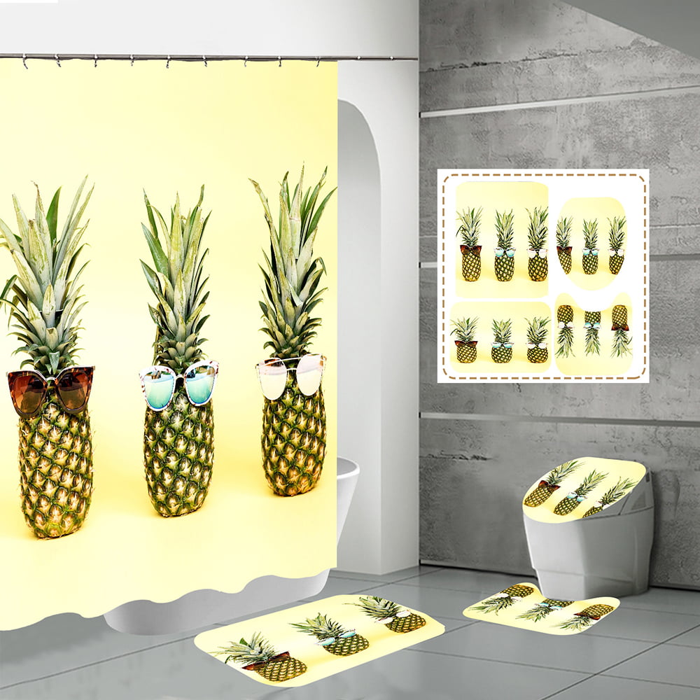 Pineapple Shower Curtain Fabric Bathroom Decor Set with Hooks 4 Sizes Available 