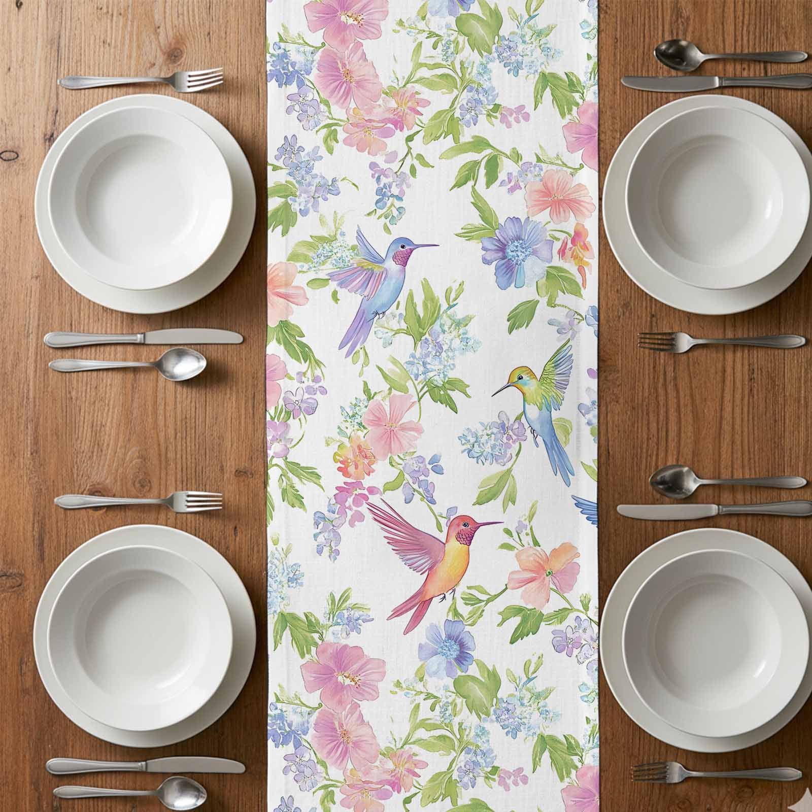 Spring Hummingbird Cotton Linen Table Runner Colorful Birds Dining Table Runners for Home Decor Party Dining Room Restaurant Kitchen 13" x 120"