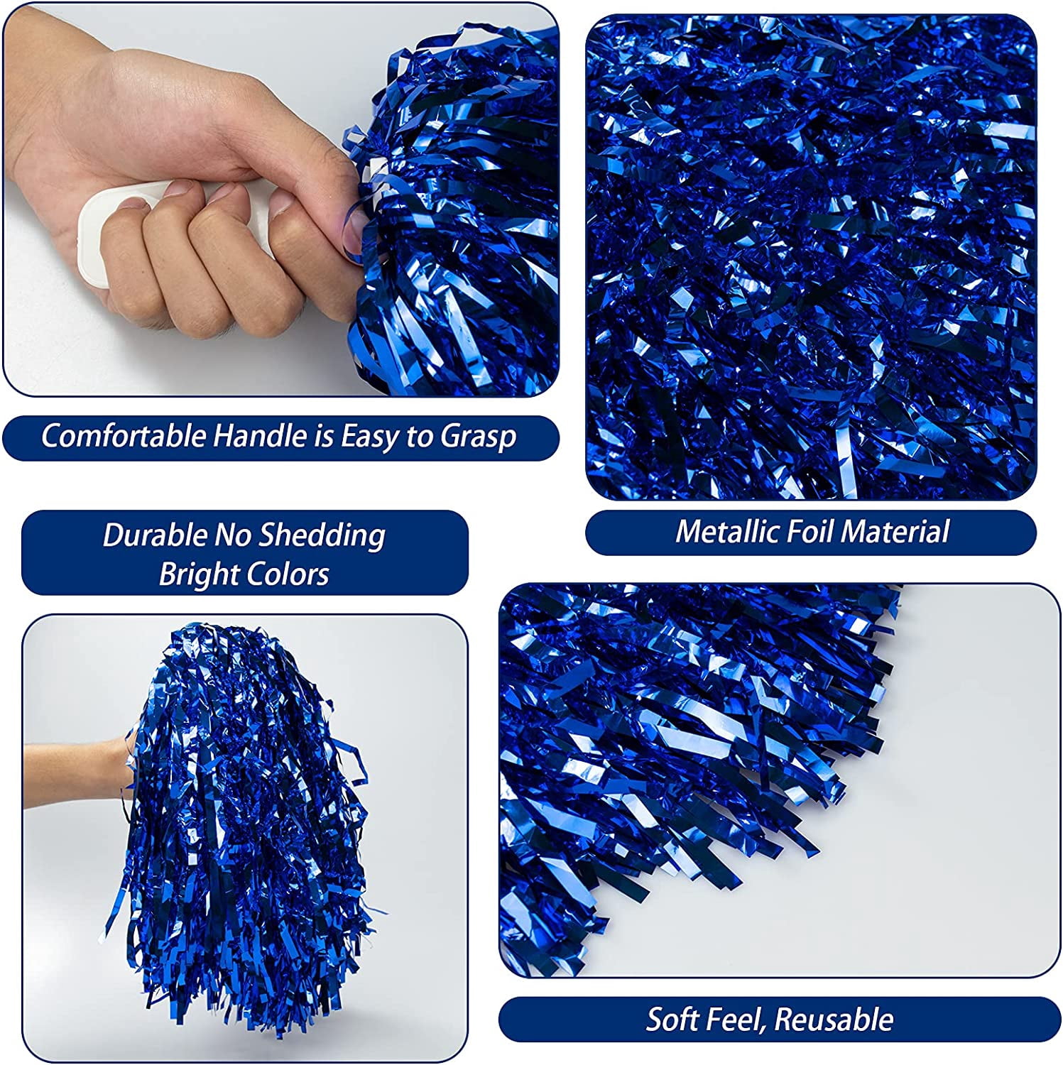 LINLIN 12Pcs Metallic Cheerleading Pom Poms with Cozy Handle, Adorable Cheerleader Pompoms Hand Flowers for Kids Adults Ball Dance Sports Team Spirit Cheering Fancy Dress Night Party
