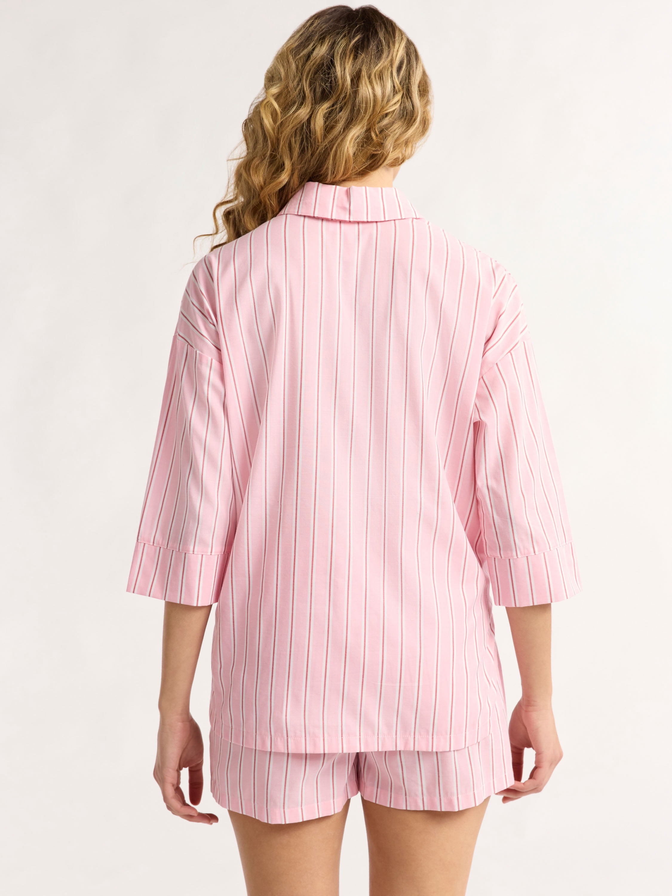 Joyspun Women’s Woven ¾ Sleeve Notch Collar Top and Boxer Shorts Pajama Set, Sizes XS-3X