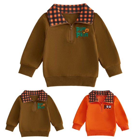 Pandaie Toddler Boy Girl Halloween Outfit Quarter Zip Sweatshirt Pumpkin Embroidery Plaid Lapel Collar Shirt Pullover Tops 6 12 18 Months 2T 3T 4T