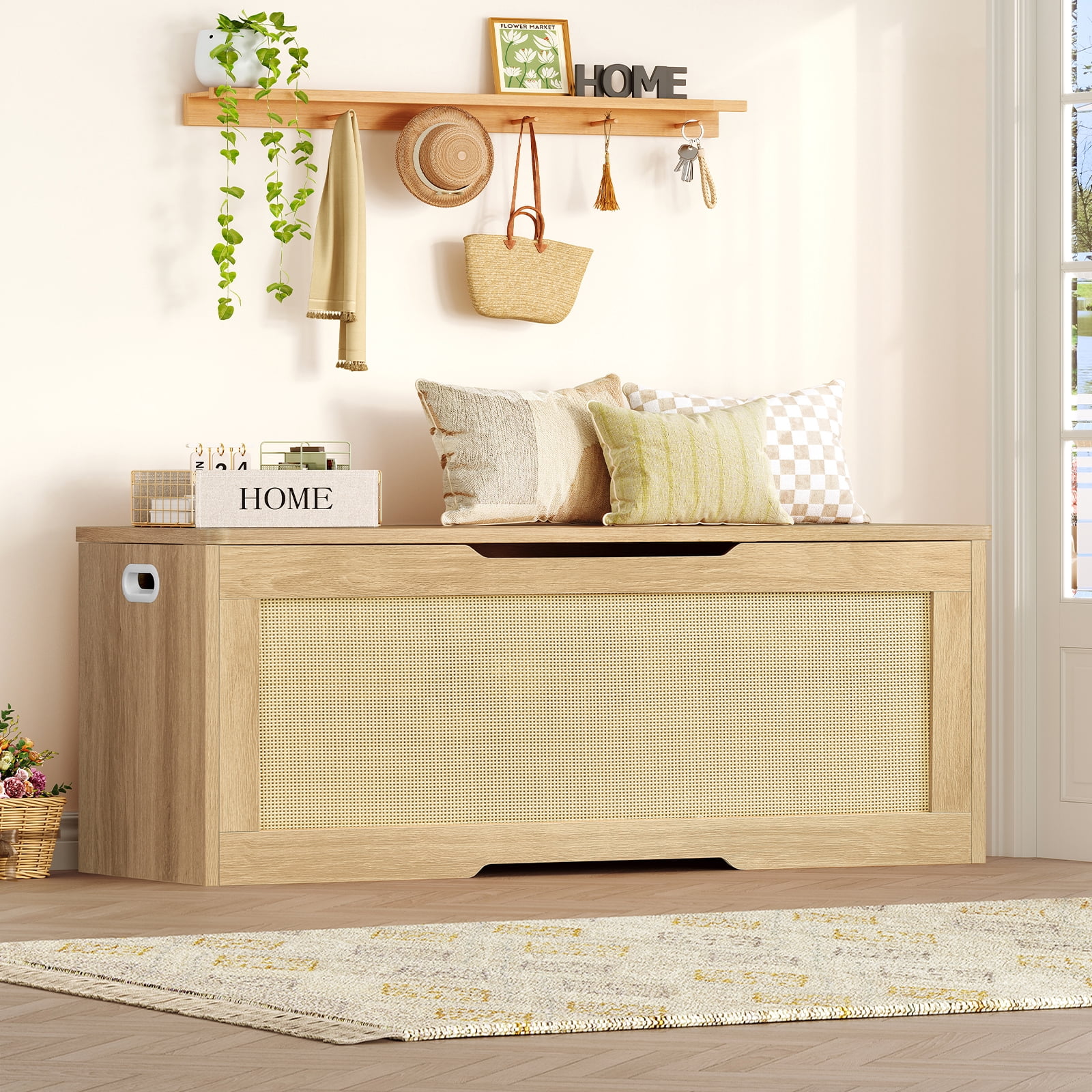TEENFON 47.24" Toy Storage Box, Storage Chest, Storage Trunk with 2 Safety Hinges, 47.2'D x 15.7''W x 19.4''H, Toy Chest, Natural