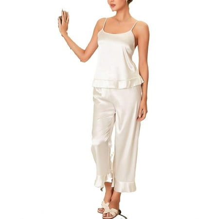 

2pcs Set Elegant Cami PJ Pant Sets Sleeveless White Women s Pajama Sets (Women s)