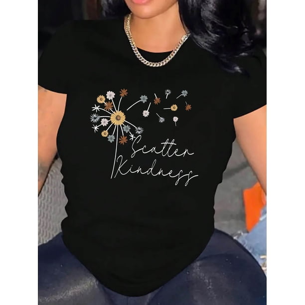 Camiseta informal de cuello redondo para mujer con estampado floral de diente de león, 100 % algodón, elasticidad media, ideal para todas las estaciones, ideal para deportes de ocio.