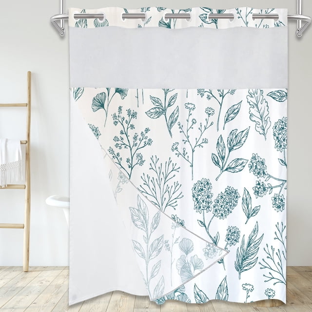 Dznils Cortina Shower de Tela Blanca sin Gancho con Forro a Presión, 72" x 74", Estampado Floral Azul
