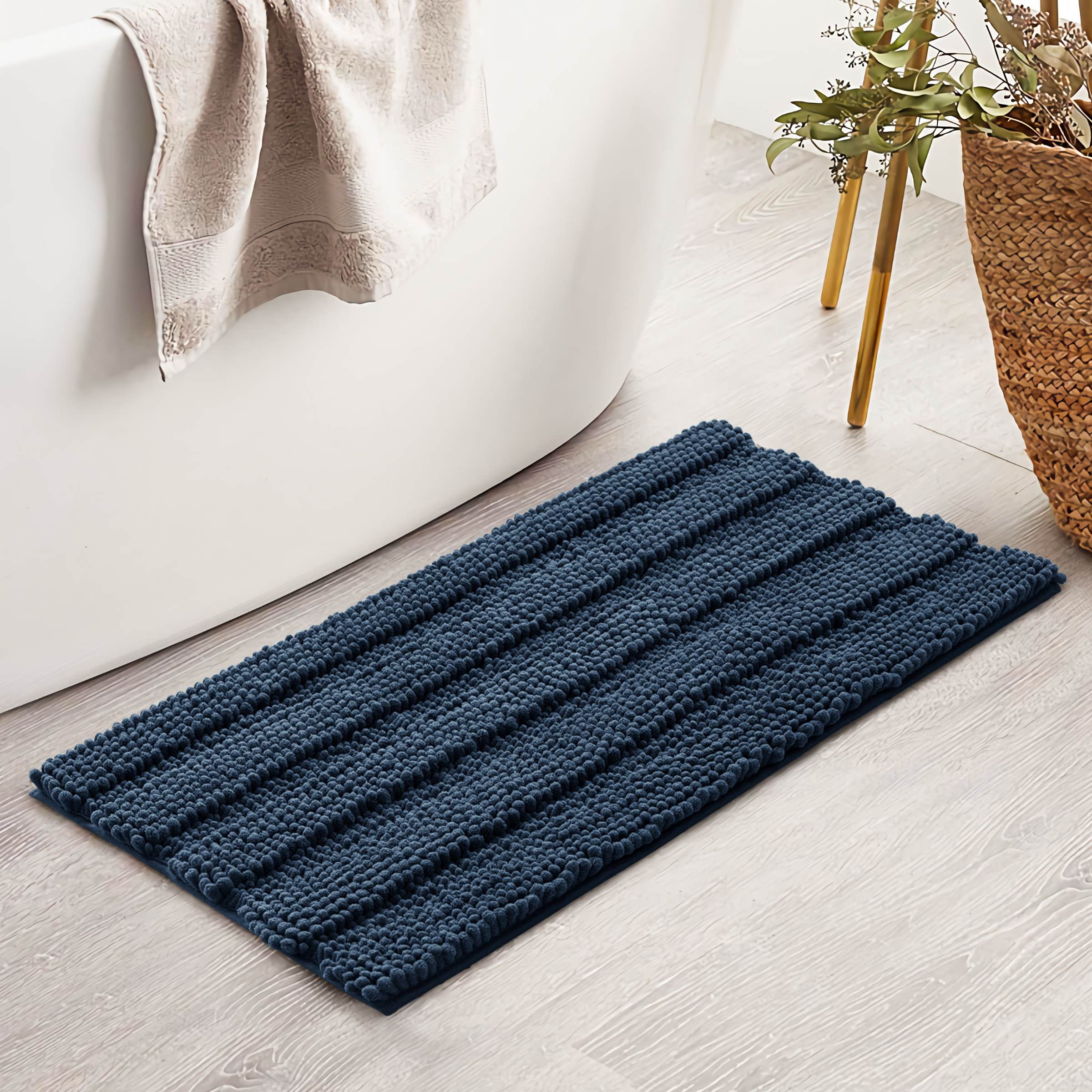 Subrtex Bathroom Rugs Non-Slip Chenille Soft Striped Plush Bath Mat (Navy, 24"x60")