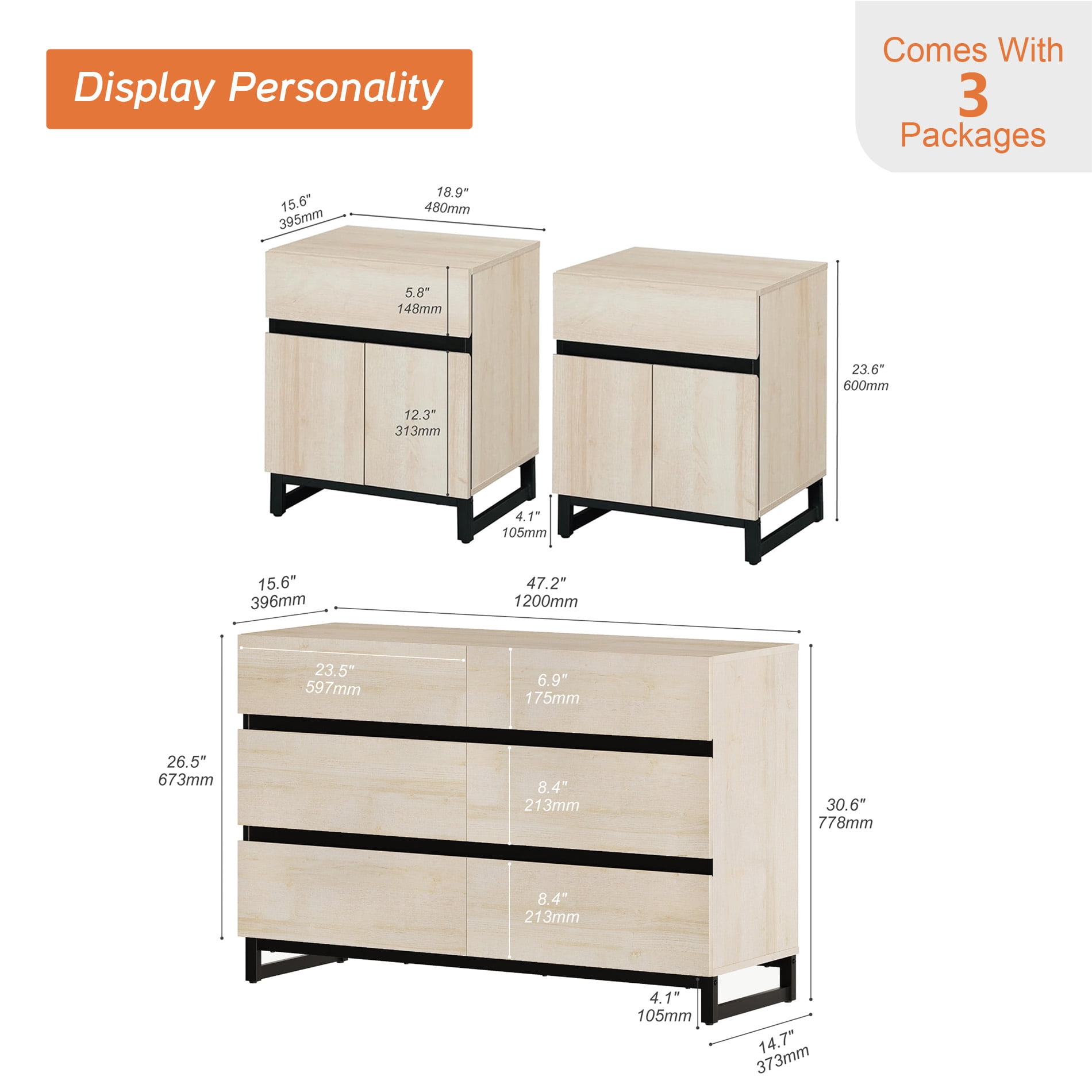WAMPAT Modern 3-Piece Bedroom Furniture Set, 47 Inch Dresser with 6 Drawers & 2 Nightstands with Drawer and Cabinet Design, Beige