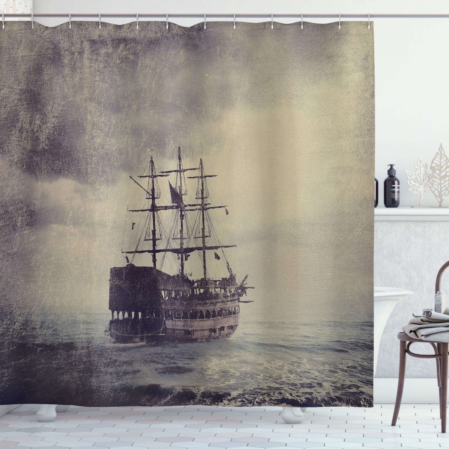 Waterproof Fabric Shower Curtain Set Oil Painting Style High Seas Pirate Ship