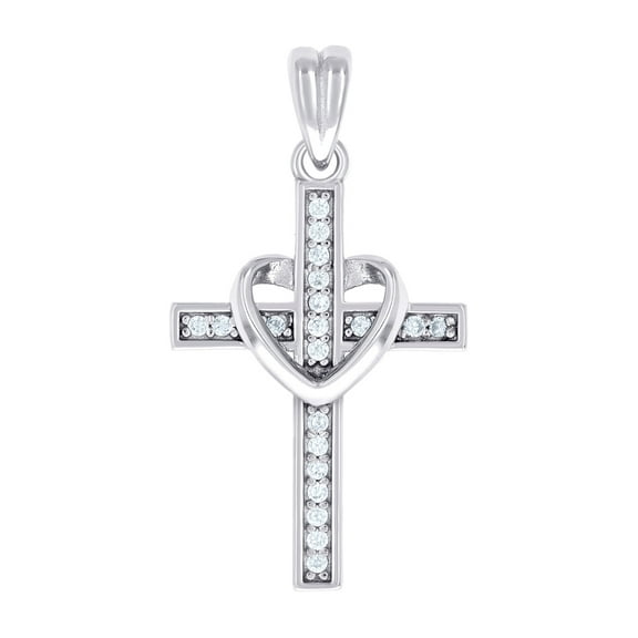 925 Sterling Silver Unisex Round Cubic Zirconia Love Heart Cross Religious Charm Pendant Necklace 25.5x13.5mm Wide Penda