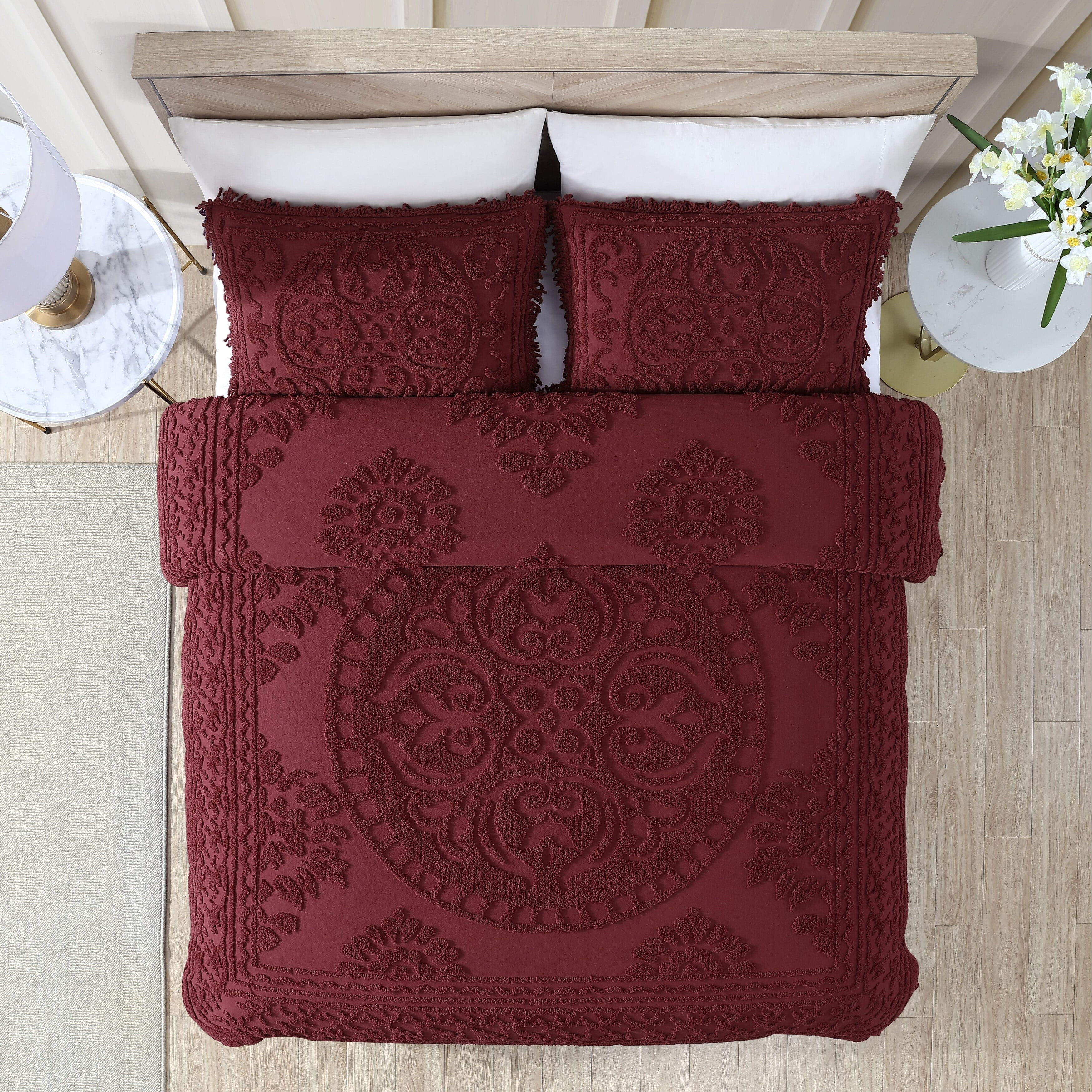 Collections Etc Luxurious Medallion Chenille Fringe Border Bedspread Burgundy - Queen