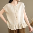 thumbnail image 6 of FRSASU Womens Ruffle Hem Shirts Short Sleeve Peplum Cardigans Crew Neck Button Cotton Linen Tops Beige, 6 of 9
