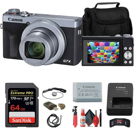 Canon PowerShot G7 X Mark III Digital Camera (Silver) (3638C001) + 64GB Memory Card + Card Reader + Case + Flex Tripod + Memory Wallet + Cap Keeper + Cleaning Kit