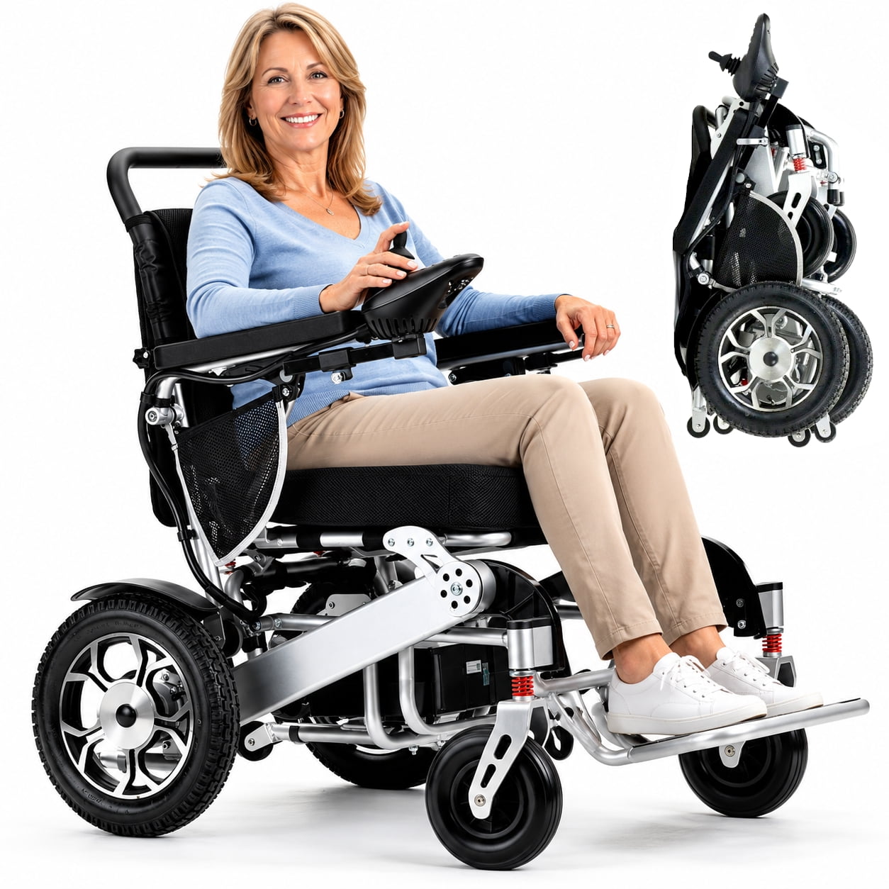 Compact High Capacity Power Wheelchair for Daily Routine & Travels, Holds 350 lb Weighs 60 lb, Liftable Armrests, Storage Bag, Allowed on Airplanes
