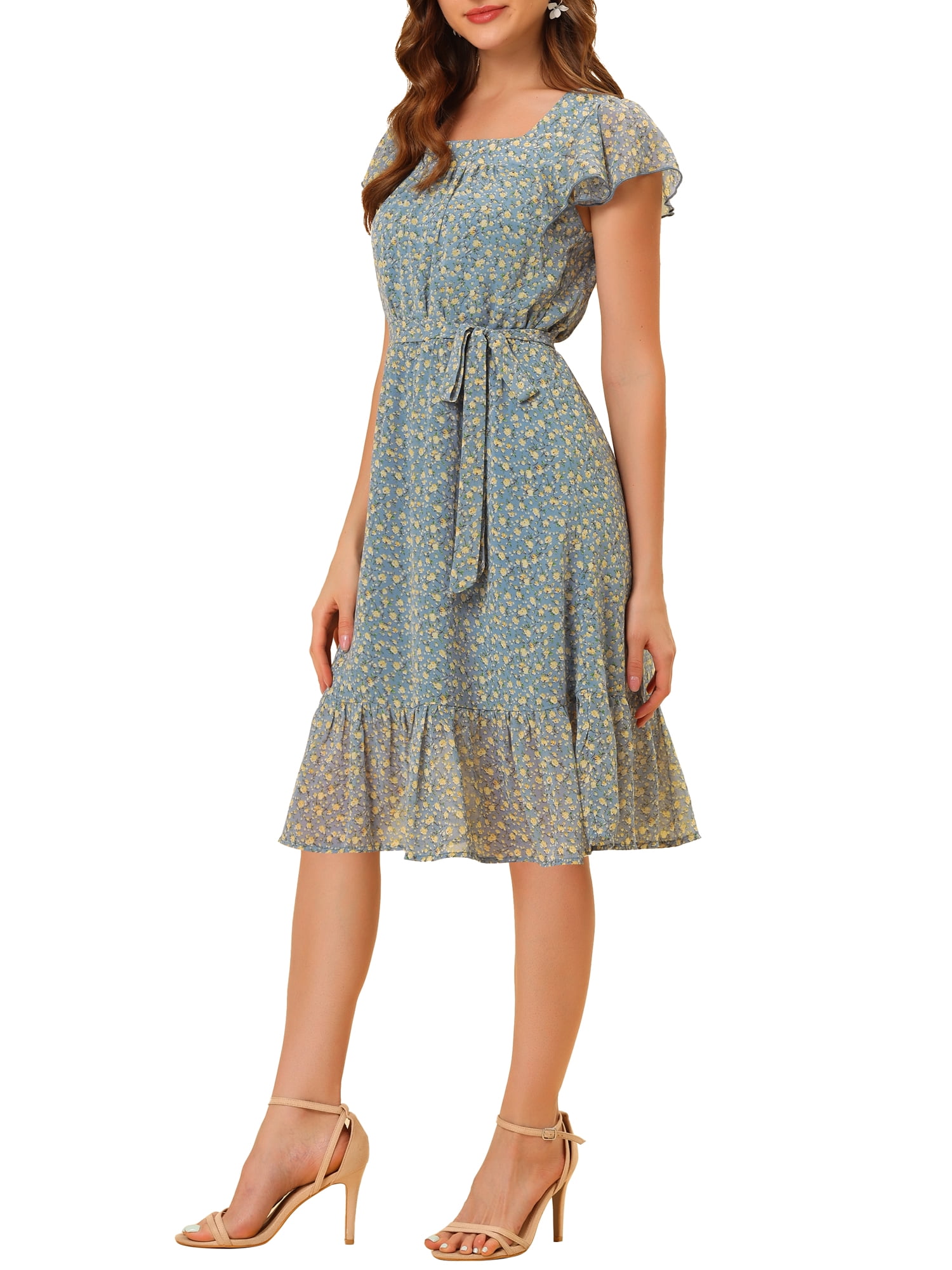 DARING DIVA Square Neck Flutter Sleeve A-Line Midi Dress M Blue Gray