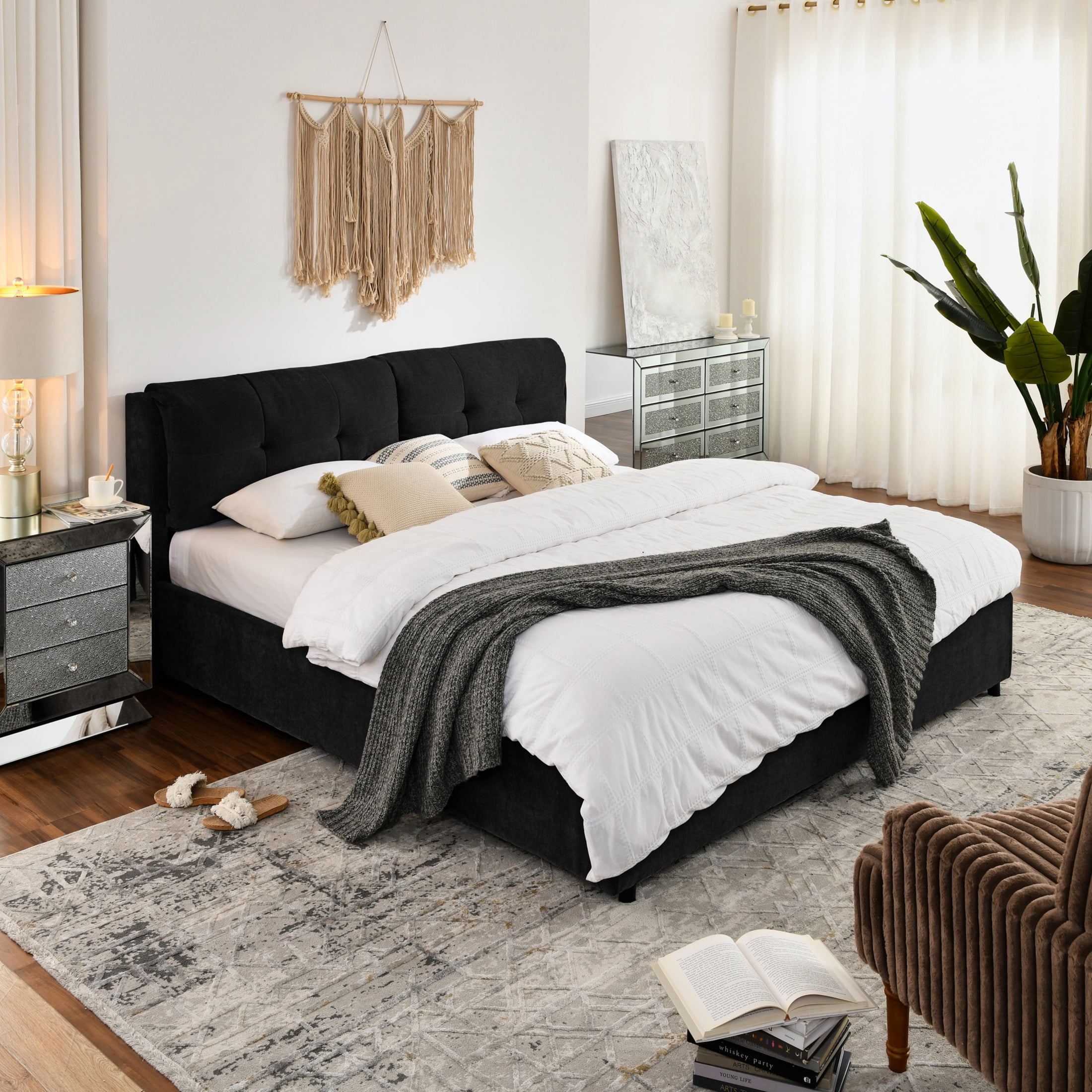 Noble House Gerret King Size Chenille Storage Platform Bed, Hydraulic Bed Frame with Hidden Underbed Drawer, Black