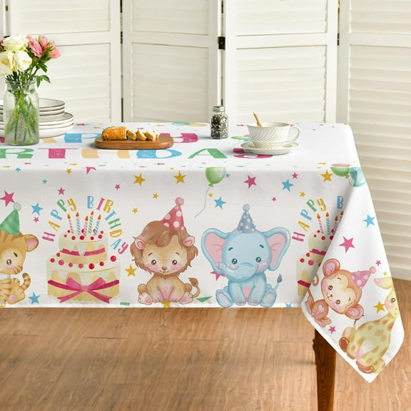 Birthday Tablecloth 60x102 Inch Rectangular, Colorful Animals Birthday Cake Celebration Washable Seasonal Table Cover for Party Picnic Dinner Decor