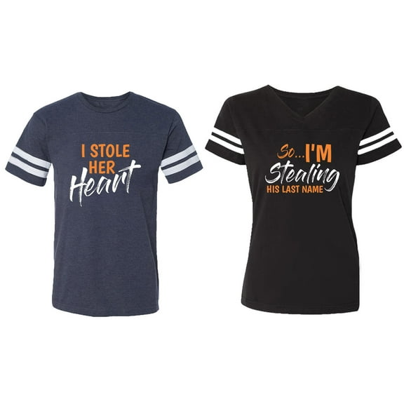 I Stole Her Heart So I am Stealing His Last name Matching Couple Cotton Jerseys (Men Navy / Women Black) (Men S / Women S)