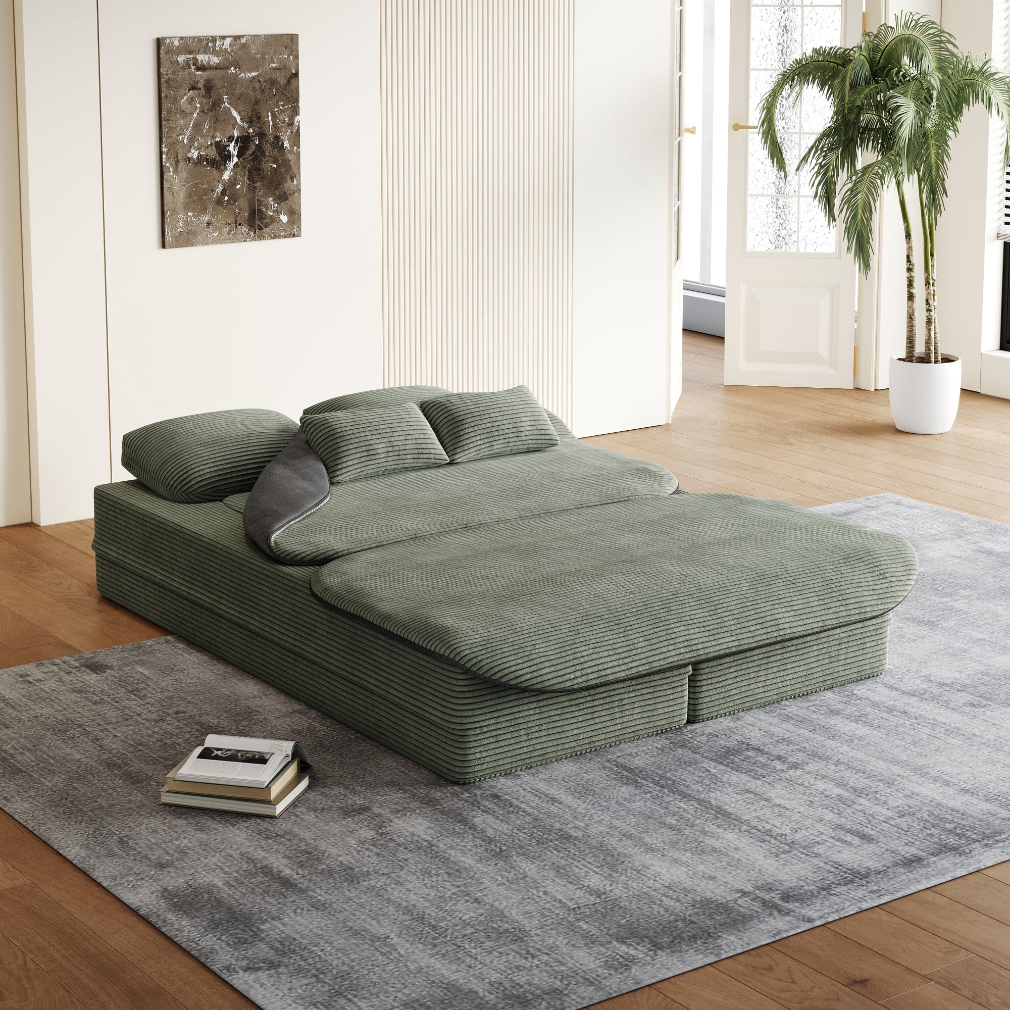 2-in-1 Convertible Sofa Bed,75'' Foldable Sleeper Sofa Bed,Corduroy Floor Folding Sofa Bed Lounge Sofa with Multi Functional Blanket for Living Room Bedroom,Green
