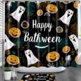thumbnail image 1 of Halloween Themed Black Shower Curtain with Friendly Ghosts Lanterns - "Happy Bathween" Design, 1 of 4