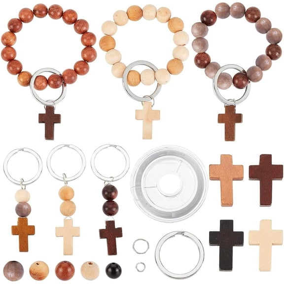 Cross Keychain Making Kit Including Wood Cross Pendants & Round Beads Alloy Split Key Rings Brass Jump Rings Elastic Thread Mixed color 250pcs/box