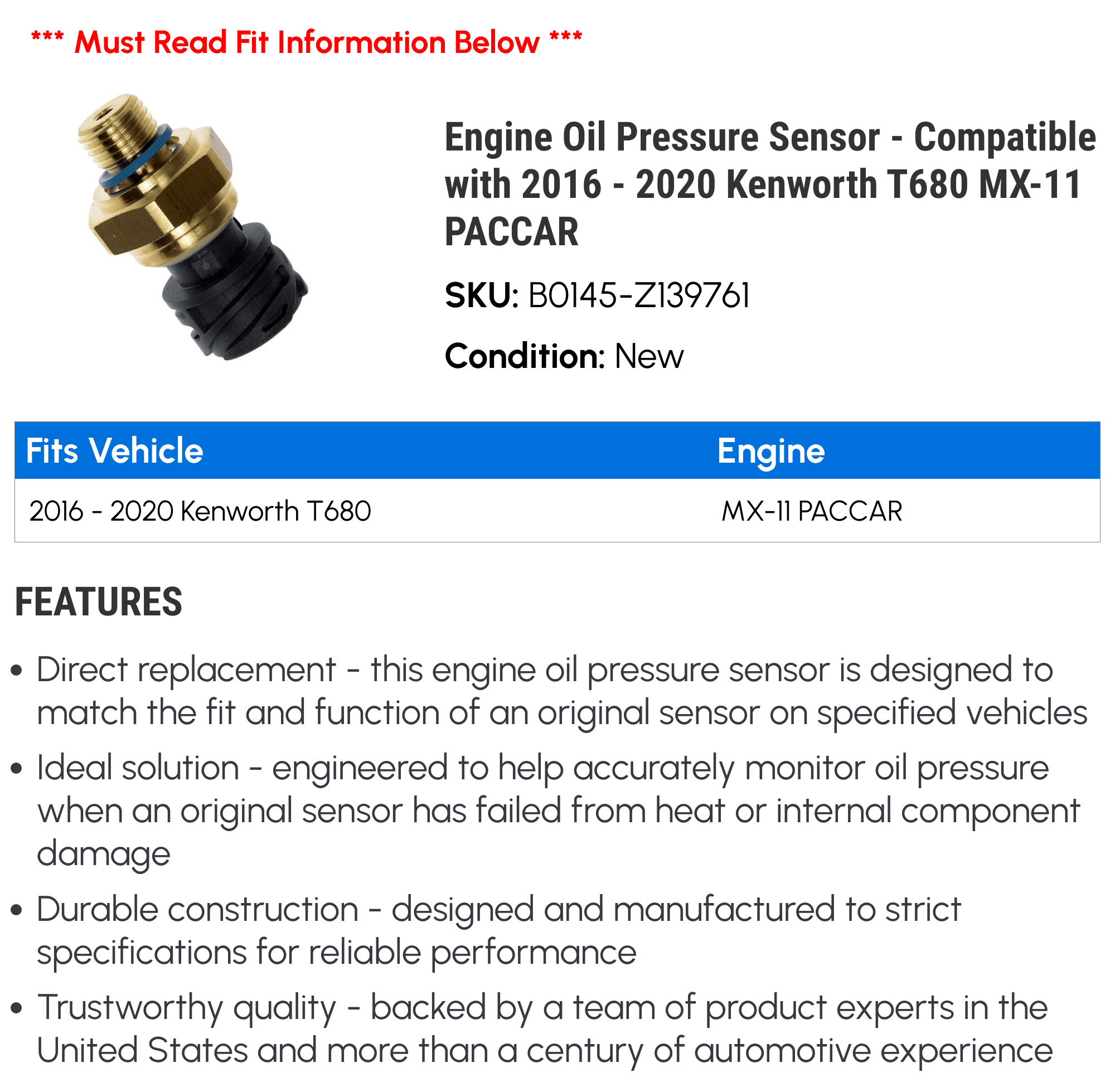 Engine Oil Pressure Sensor - Compatible with 2016 - 2020 Kenworth T680 MX-11 PACCAR - Dorman