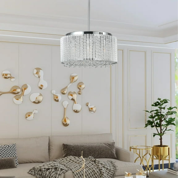 16" Elegant Crystal Pendant Chandelier with Chrome Finish – 7-Light Drum Light Fixture with Clear Crystal Strands for Dining Room, Living Room, or Bedroom (Bulb Not Included)