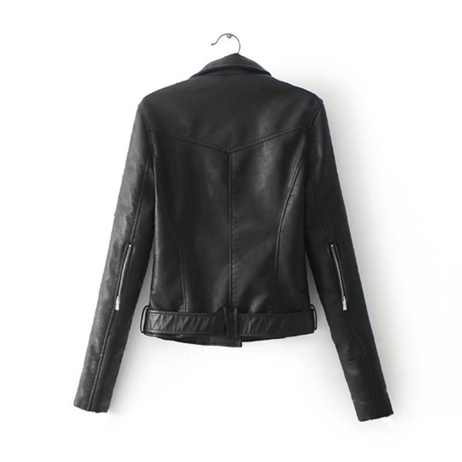 USSUMA Women's Faux Leather Short Moto Jacket Zip-up Slim PU Biker