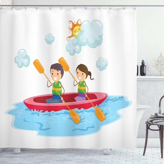 Kids Sports Shower Curtain, Little Friends Siblings Riding a Kayak Together in Sunny Day Summer Sea Cartoon, Fabric Bathroom Set with Hooks, 69W X 70L Inches, Multicolor, by Ambesonne