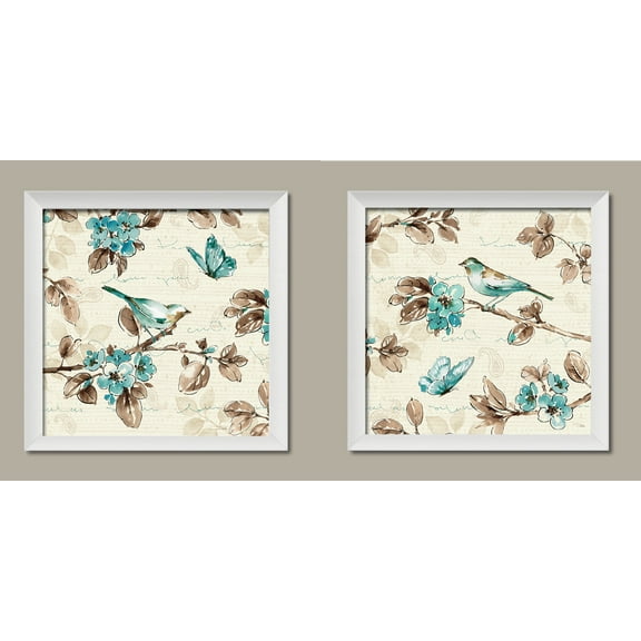Beautiful Teal and Brown Watercolor-Style Floral and Bird Print Set by Pela; Two 12x12in White Framed Prints, Ready to Hang!