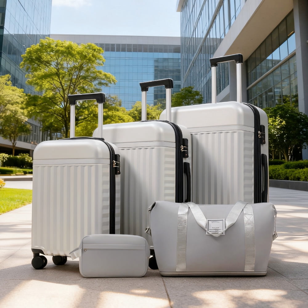 Grey+White Grey and White ABS Luggage Set 5 Piece - 20, 24, 28 Inch Expandable Suitcases with Spinner Wheels for Travel
