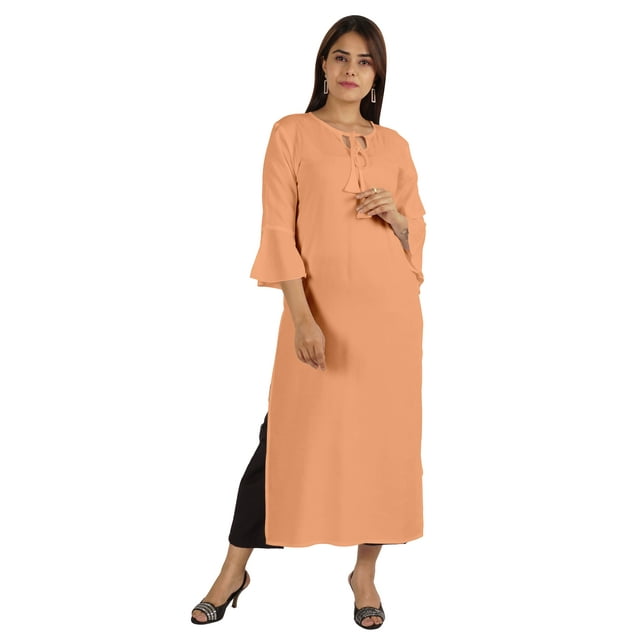 Moomaya Kurta en Rayonne Uni pour Femmes à Manches Évasées, Col à Cordon, Kurti Ethnique Long