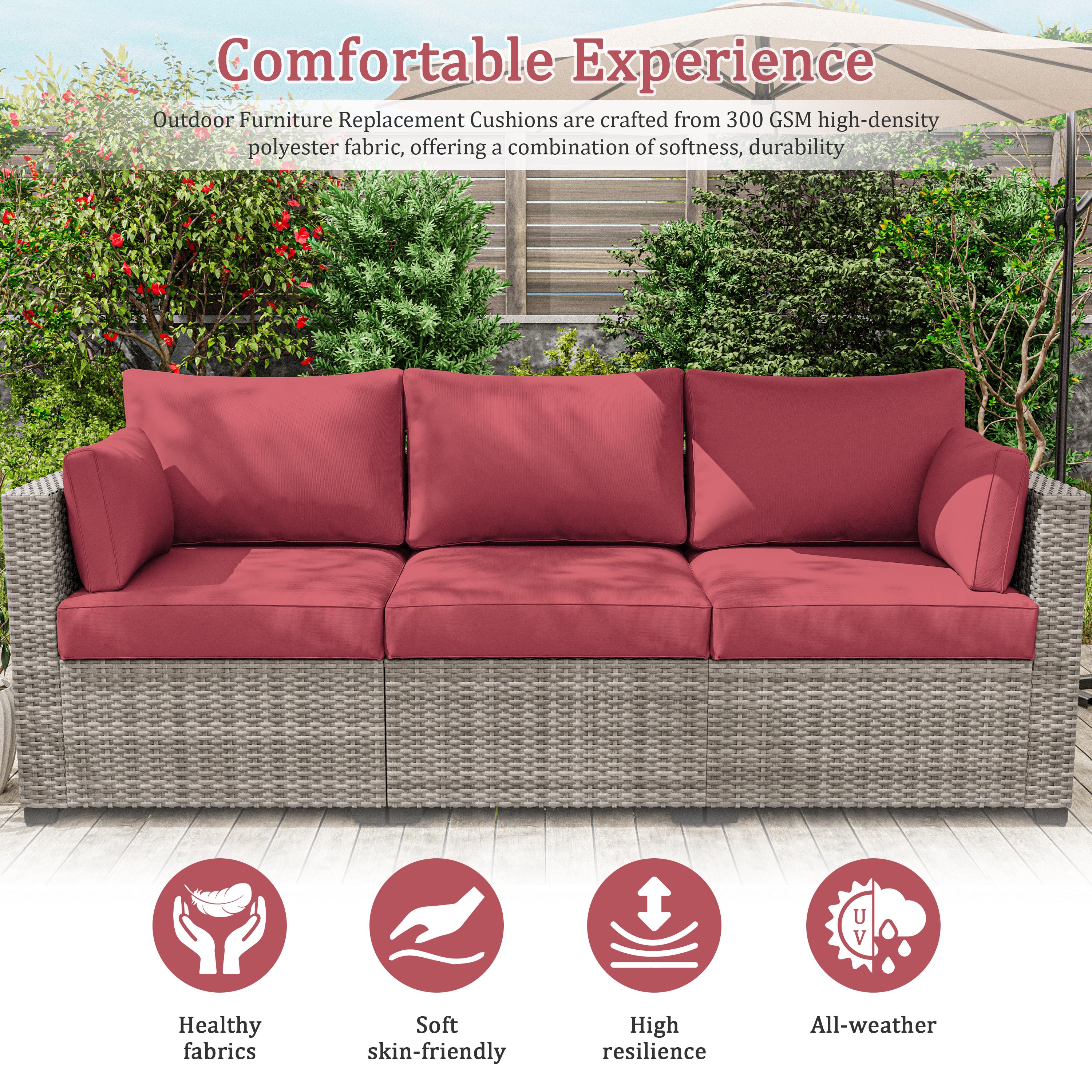 Snubbull 8-Piece Patio Furniture Cushions, Replacement Outdoor Cushions for 3-Seat Sectional Sofa, Waterproof & Zipped, 25.6"*23.6"*7", Fuchsia Red​