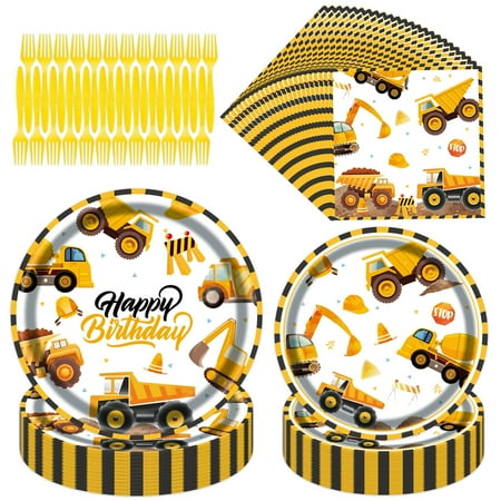 96Pcs Construction Birthday Party Supplies Construction Theme Decorations Includes Plates, Napkins, Cutlery, Perfect for Boys Kids Birthday Party, Serves 24 Guests