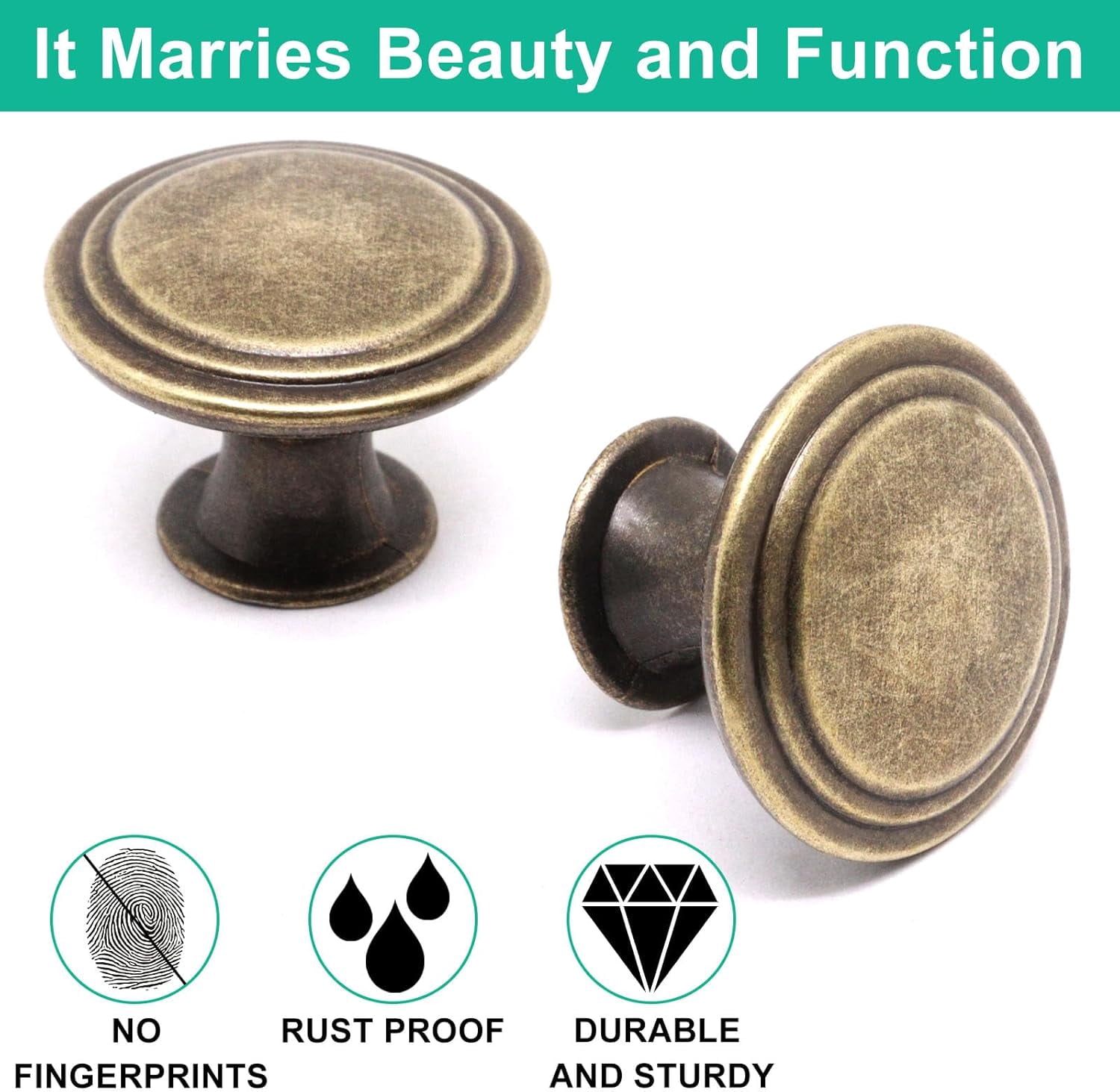 Cabinet Knobs Antique Brass 25 Pack, 1.2 inch Round Cabinets Kitchen Door Knob Cupboard for Dresser Drawers