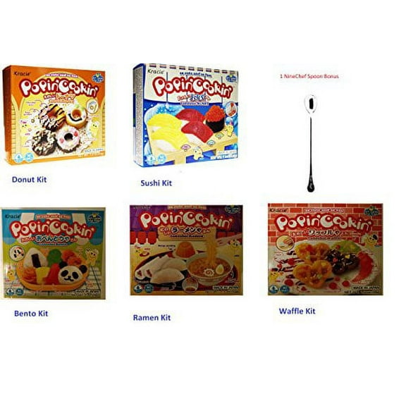 NineChef Bundle - Kracie Popin Cookin JapaneseDiy Candy for Kids Tanoshii 5 kit Bundle (Donuts Sushi Waffle Ramen Bento) (Pack of 2) Total 10 kits   1 NineChef Brand Long Handle Spoon