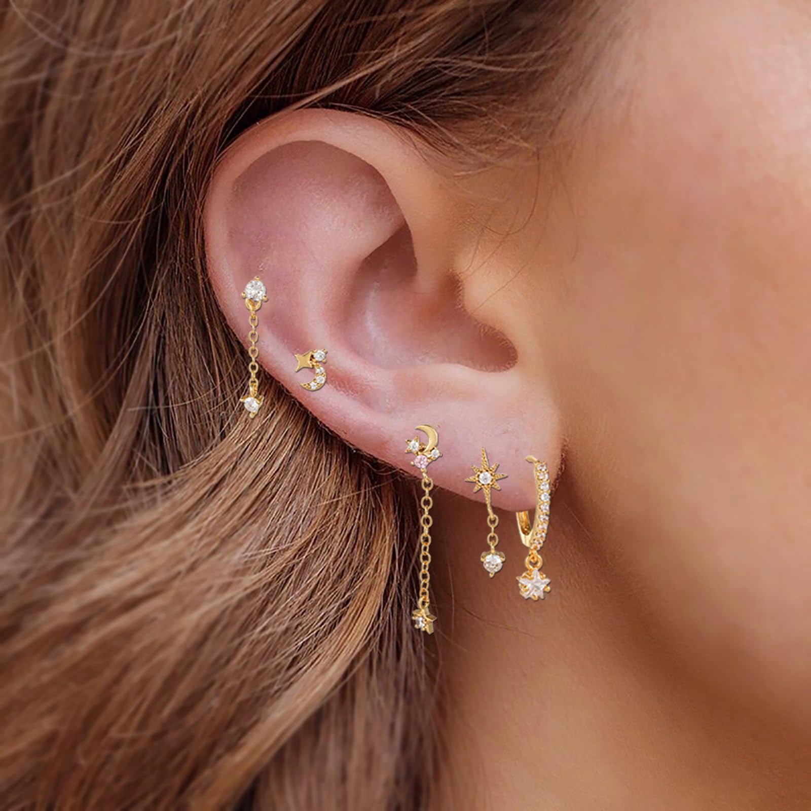 Cartilage Stud Earrings Set for Women Dainty Gold Earrings 14k