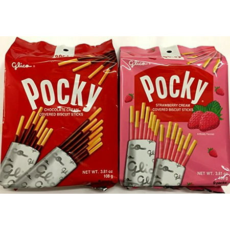 Glico Pocky Family Fun Pack 3.81 oz & 3.81 oz 9 packs (Chocolate and Strawberry Pack of (Best Melting Chocolate For Dipping Strawberries)